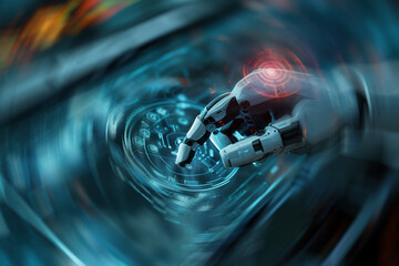 Robot hand presses the button on a virtual holographic interface HUD. Ai Generative