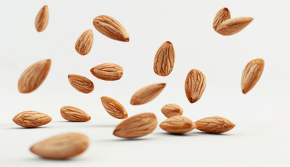 Falling fresh almonds isolated on a white background with a clipping path.