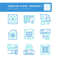 Heating and cooling two color line icons set. Ventilation system. Air conditioner. Temperature control bicolor outline iconset isolated. Duotone pictograms thin linear. Editable stroke
