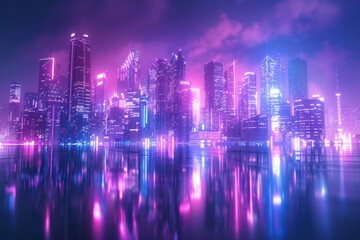 Obraz premium A futuristic cityscape with neon lights and holographic skyscrapers glowing in vibrant shades against a dark background, in a high-tech digital art style.