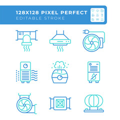 Air filtration two color line icons set. Fresh air. Respiratory health. Home equipment. House appliance bicolor outline iconset isolated. Duotone pictograms thin linear. Editable stroke