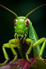 Fototapeta premium A detailed view of a vibrant green grasshopper with striking red eyes, showcasing its unique features up close