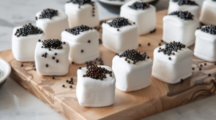 Gourmet Marshmallows Topped with Black Caviar on Wooden Board