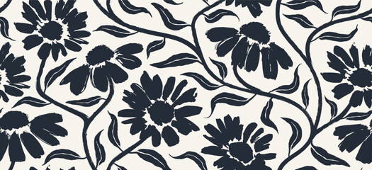 flowers hand drawn seamless pattern. ink brush texture.