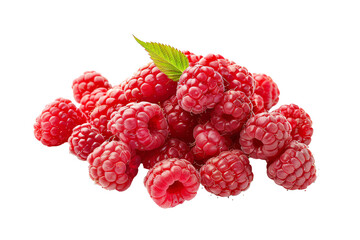 a pile of raspberries with a leaf