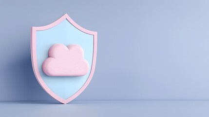 Fototapeta premium 3D cloud icon on shield symbolizing data security and cloud protection in technology concept on minimalist background.