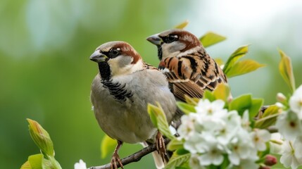 Naklejka premium Close-Up Portrait of a Perching Sparrow Couple Amid Spring Blossoms
