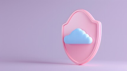 Obraz premium 3D illustration of a cloud inside a pink shield, symbolizing cloud computing security, data protection, and cybersecurity in a minimalist design.