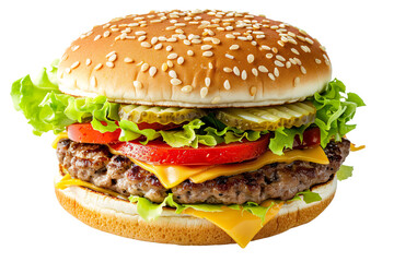 a cheeseburger with lettuce and tomatoes