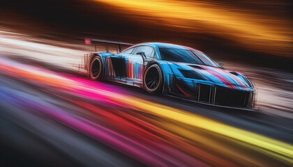 Graphic, colorful and very dynamic drawing of a racing car on the race track