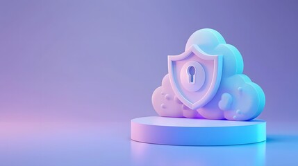 Obraz premium 3D illustration of a cloud with a shield and keyhole, symbolizing data security and cloud protection in a pastel background.