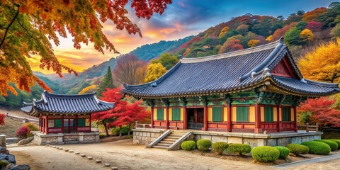 Fototapeta premium Peaceful Korean temple surrounded by vibrant autumn foliage , Korean temple, autumn, fall, foliage, peaceful