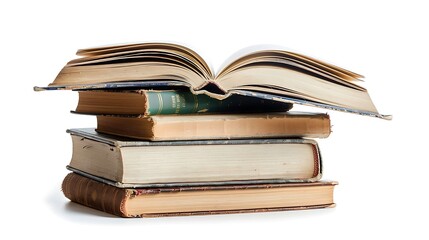 Pile of old books isolated on white background