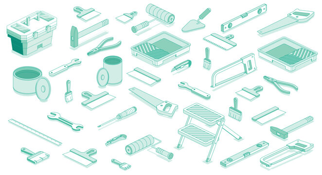 Isometric collection of work tools. Equipment for construction, house repair and renovation. Hammer, screwdriver, pliers, paint brush, wrench, spanner and saw.