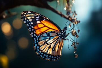 A butterfly with intricate wings is perched delicately on a sturdy branch. The butterflys vibrant colors contrast beautifully with the neutral tones of the branch