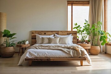 Fototapeta premium Eco-Friendly Retreat: An image of a bed in a hotel room.
