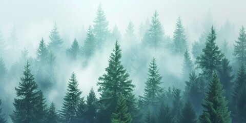 Fototapeta premium Misty Morning in Coniferous Forest
