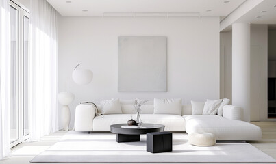Trendy white living room with white modern decoration, simple home decor