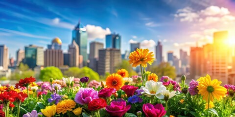 Bright and colorful flowers on a sunny day with blurred houses in the background , flowers, sunny, day, bokeh, houses, colorful