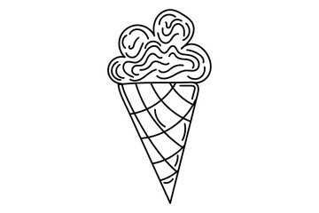 Black Doodle Ice Cream in cone. Editable stroke. Vector illustration for cards, business, banners, textile, wallpaper, wrapping	