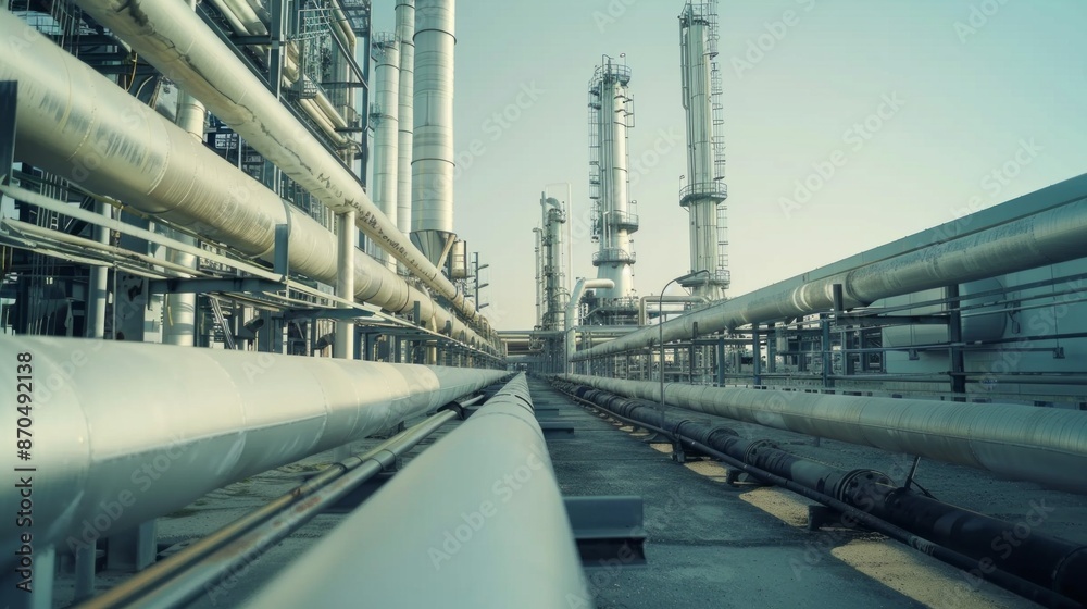 Poster a close-up view of a vast network of pipes at a modern refinery, showcasing the intricate infrastruc