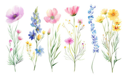 Wild flowers set, watercolor digital illustration. Perfectly for poster, card design. Mother's Day, Birthday, Valentine's day decoration