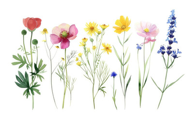 Wild flowers set, watercolor digital illustration. Perfectly for poster, card design. Mother's Day, Birthday, Valentine's day decoration