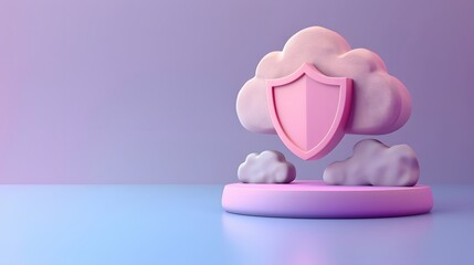 3D rendering of a cloud with a shield, representing cloud security, data protection, and online safety on a light background.