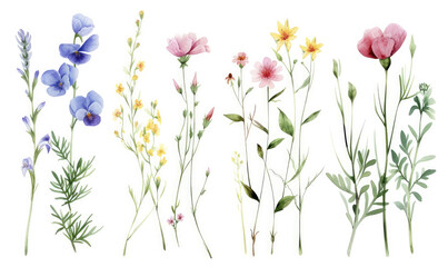 Wild flowers set, watercolor digital illustration. Perfectly for poster, card design. Mother's Day, Birthday, Valentine's day decoration