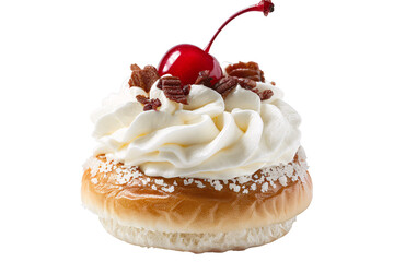 a donut with whipped cream and a cherry on top
