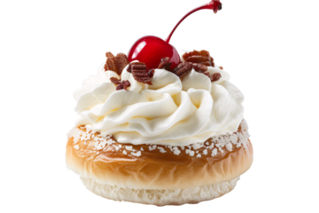 a donut with whipped cream and a cherry on top