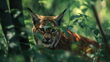 A powerful, big, and hungry lynx or bobcat in the middle of the jungle sneaks up on its prey like a good hunter. Wildlife in the wilderness, animal survival in nature, wild cat eating in the forest