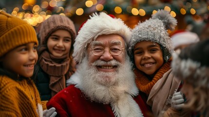 A multiracial group of children taking pictures with a smiling Santa Claus at the Christmas market surrounded by festive decorations and lights.