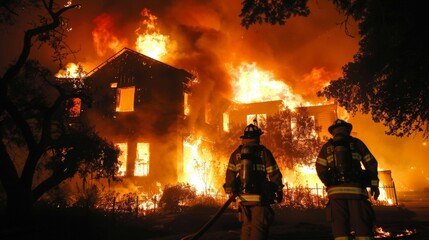 Fototapeta premium Firefighters battle the blaze, their courage and determination shining as brightly as the flames they face.