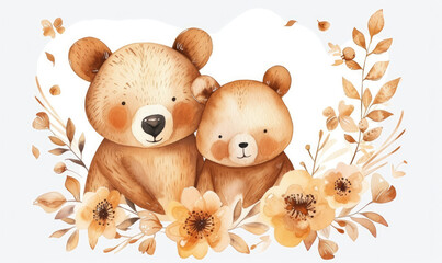 Mom and baby bear and leaves and flowers; can be used for cards or baby shower or mother's day posters; watercolor hand draw illustration; transparent background