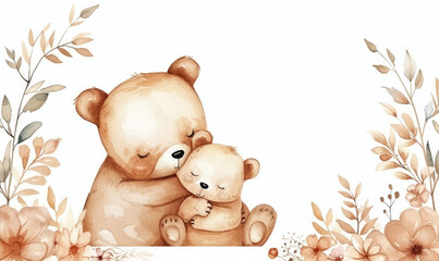 Mom and baby bear and leaves and flowers; can be used for cards or baby shower or mother's day posters; watercolor hand draw illustration; transparent background