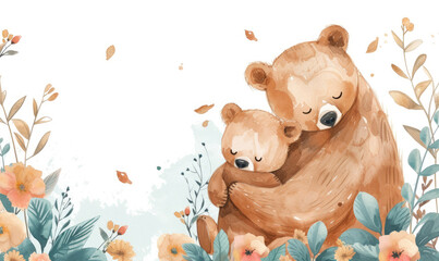 Mom and baby bear and leaves and flowers; can be used for cards or baby shower or mother's day posters; watercolor hand draw illustration; transparent background