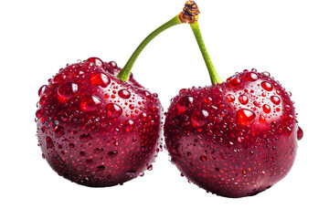 a pair of cherries with water drops