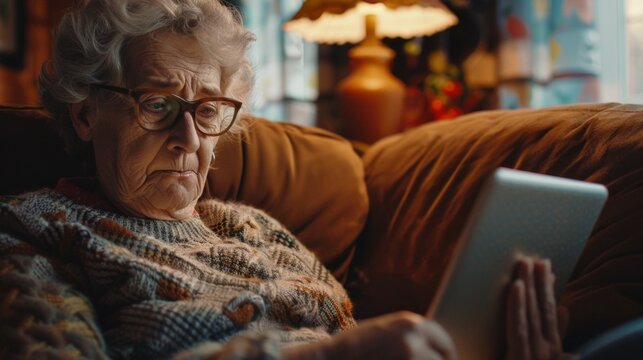 A senior woman wearing glasses and a sweater is sitting comfortably on a couch, using a digital tablet. The image depicts a relaxed and intimate moment of personal technology usage - Powered by Adobe