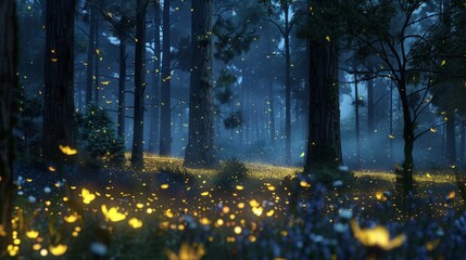 Fireflies dance in the twilight, their bioluminescent glow illuminating the forest like tiny stars.