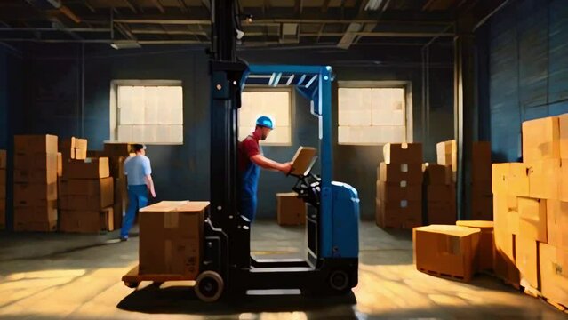 A man in a blue shirt is driving a forklift in a warehouse. There are many boxes stacked around and another person is standing to the side.