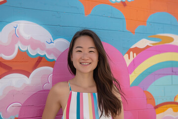 Fototapeta premium Asian woman with long dark hair, wearing a white dress with rainbow stripes, standing in front of a colorful mural featuring pink clouds and blue sky