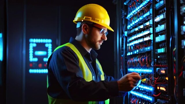 A man in a hard hat and safety vest is working on a server in a data center.