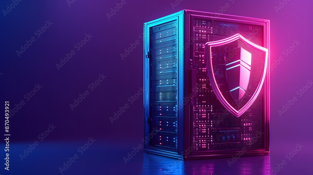 Poster a data server protected by a glowing shield symbolizing cybersecurity and data protection in a moder