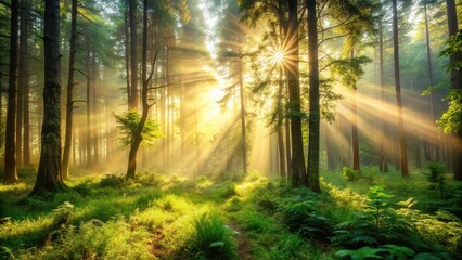 Fototapeta premium Sunlit forest with glowing mist and lush greenery, sunlight, forest, glowing mist, nature, trees, foliage, tranquil