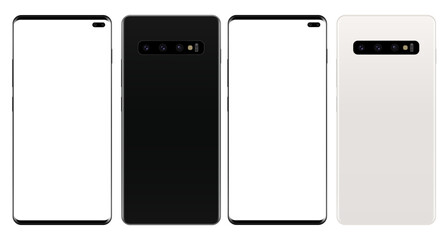 Realistic mock-up Samsung Galaxy S10 in black and white color with blank screen isolated on white background. vector illustration.