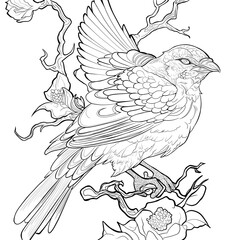 Line Art Bird drawing outline coloring book for adults animal clip art design contour ornamental surrealistic linear sparrow on branch geometric abstract background hand drawn illustration detailed 