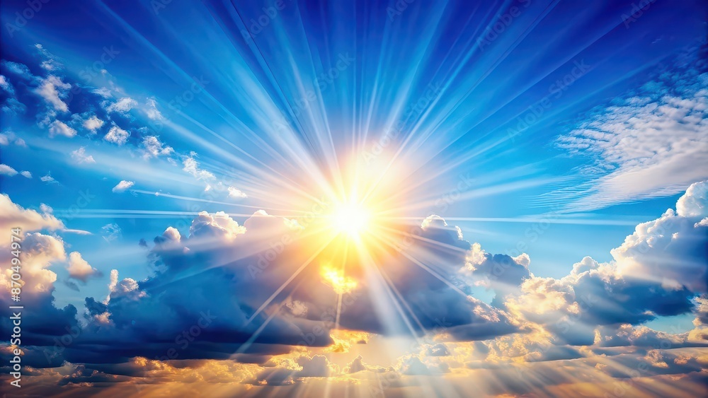 Wall mural Vibrant sky background with sun beams shining on bright blue sky, sunlight, sun beams, bright, sky, background, vibrant