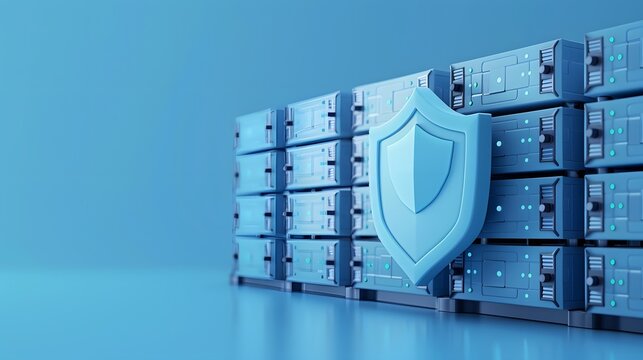 A row of secure server racks in a data center protected by a large shield icon, illustrating data security and protection.