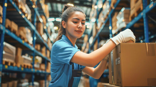 asian woman standing at the warehouse and putting filling at the cupboard box while packing parcels at the wooden table. Generative AI